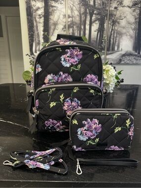 Vera Bradley Floating Plum Pansies Small Backpack and Wallet Crossbody
